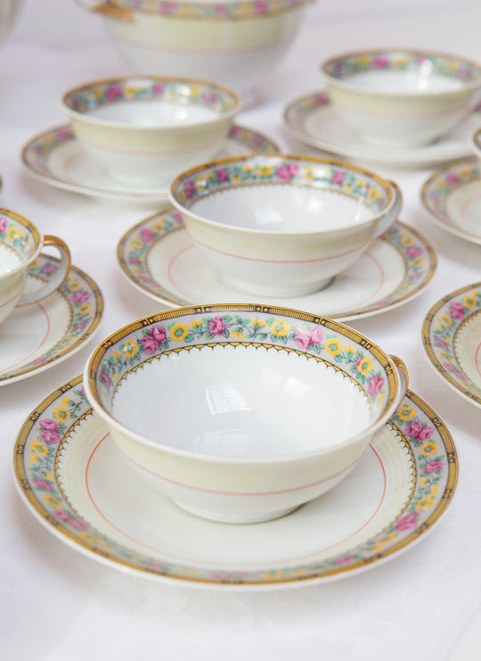 juego de te porcelana Limoges florecillas verdes y amarillas vintage tea service