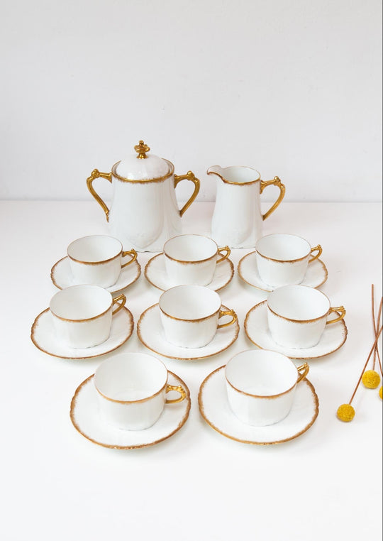 Antiguo juego té porcelana Limoges Lanternier blanco y dorado c. 1910 (8 SERVICIOS)