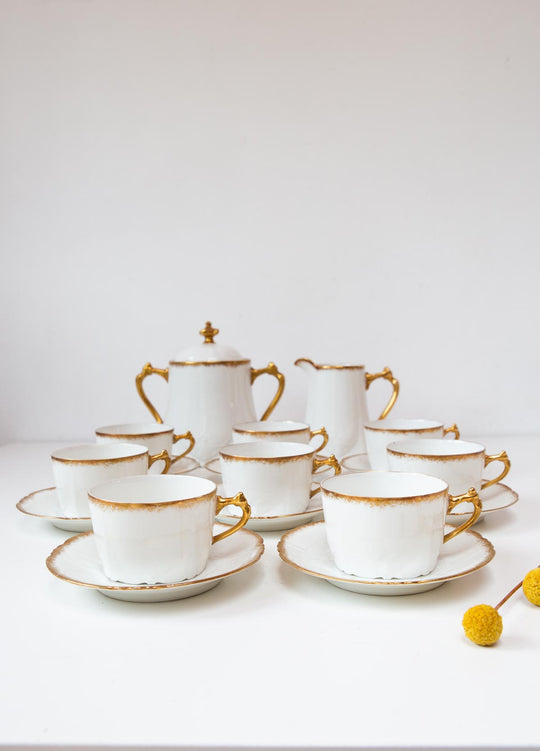 Antiguo juego té porcelana Limoges Lanternier blanco y dorado c. 1910 (8 SERVICIOS)