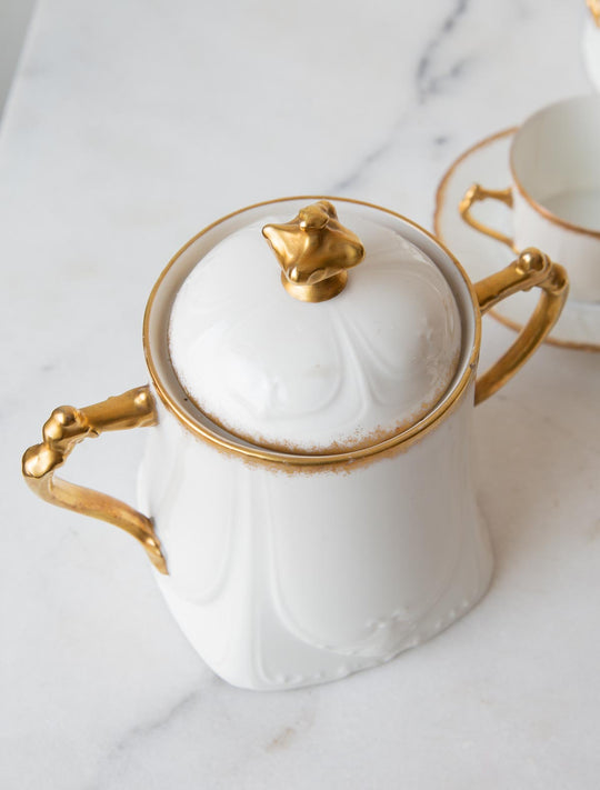 Antiguo juego té porcelana Limoges Lanternier blanco y dorado c. 1910 (8 SERVICIOS)