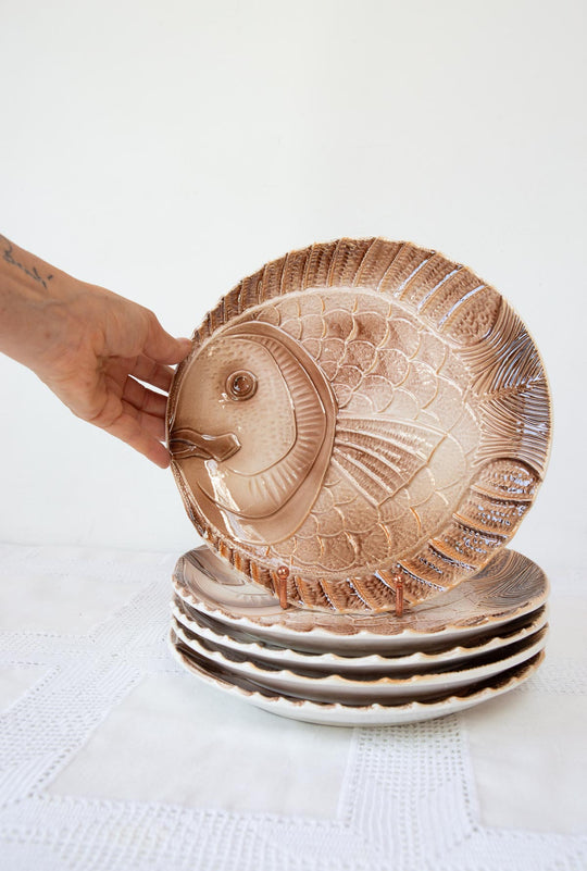 juego fuente y platos pescado sarreguemines pez loza esmaltada
