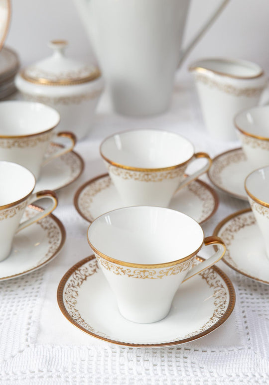 Juego de café porcelana sueca Hackefors para 12 greca y filo dorado (39 PIEZAS)