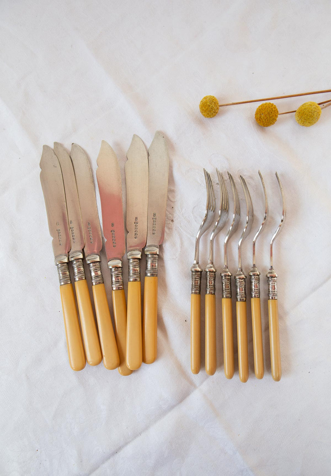 Antiguos cubiertos ingleses pescado c. 1900 mangos baquelita para 6 (12 PIEZAS)