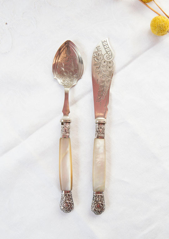 cubiertos ingleses postre nacar y metal plateado