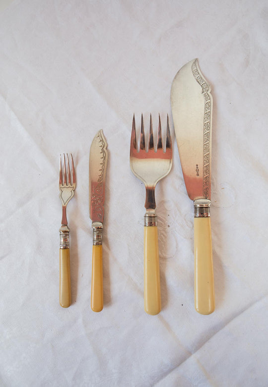 Antiguos cubiertos ingleses pescado c. 1900 mangos baquelita para 6 (12 PIEZAS)