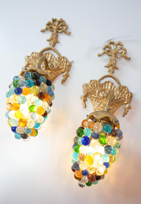 Pareja apliques bronce dorado tulipas cristales murano vintage wall sconces