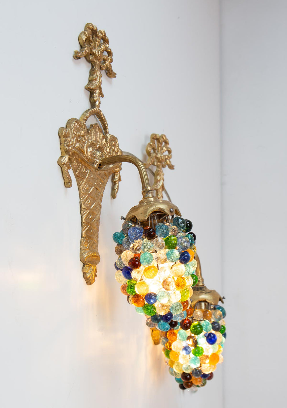 Pareja apliques bronce dorado tulipas cristales murano vintage wall sconces