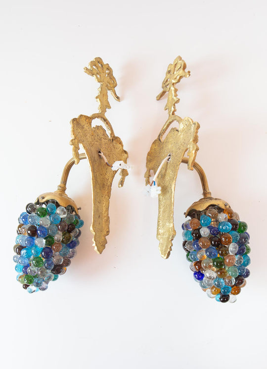 Pareja apliques bronce dorado tulipas cristales murano vintage wall sconces