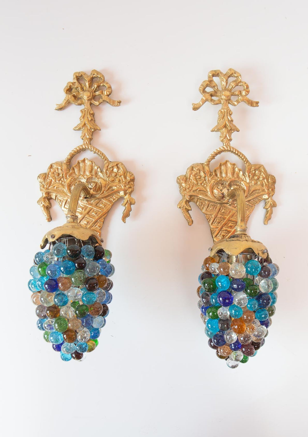 Pareja apliques bronce dorado tulipas cristales murano vintage wall sconces