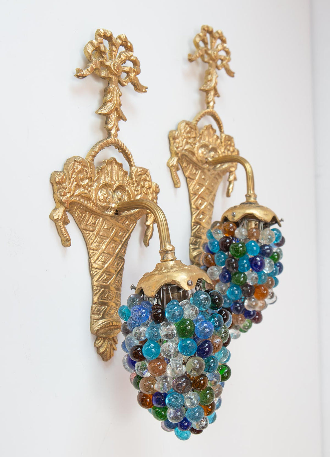 Pareja apliques bronce dorado tulipas cristales murano vintage wall sconces