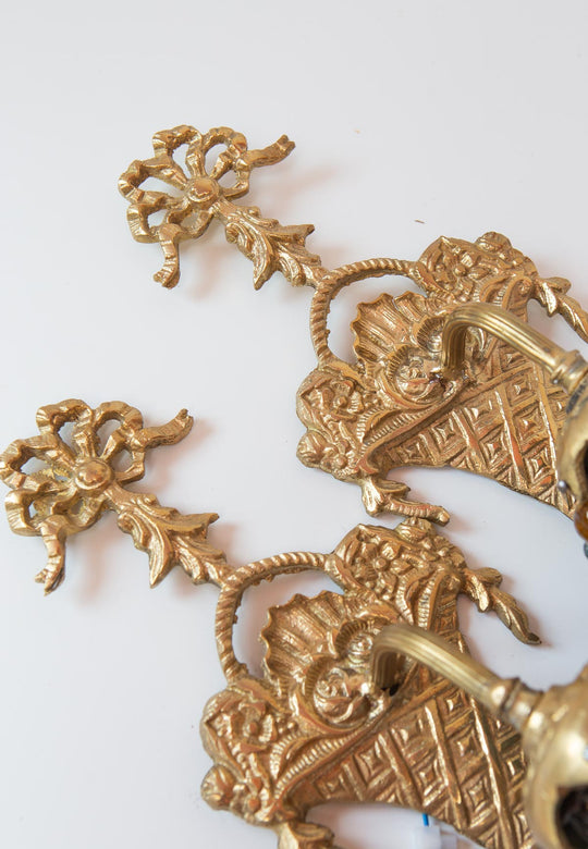Pareja apliques bronce dorado tulipas cristales murano vintage wall sconces