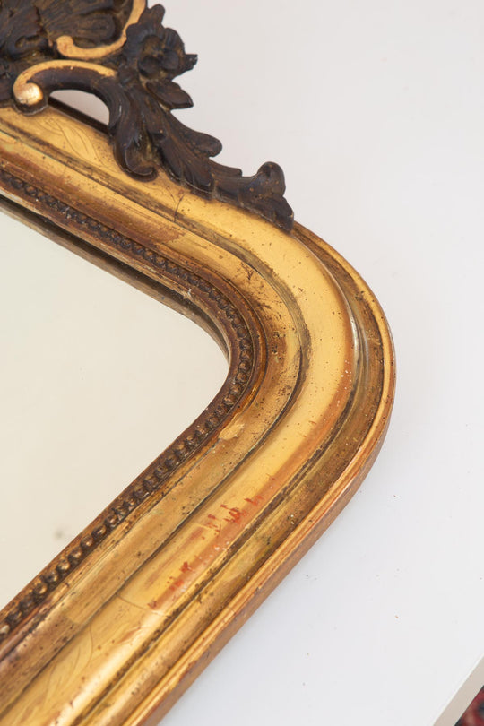 Antiguo espejo francés dorado Louis Philippe con copete negro s. XIX (88*62,5 cm)