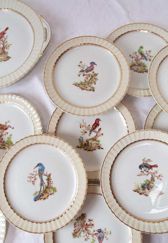 Juego de postre porcelana pájaros Limoges BERNARDAUD c. 1910 (12 servicios)