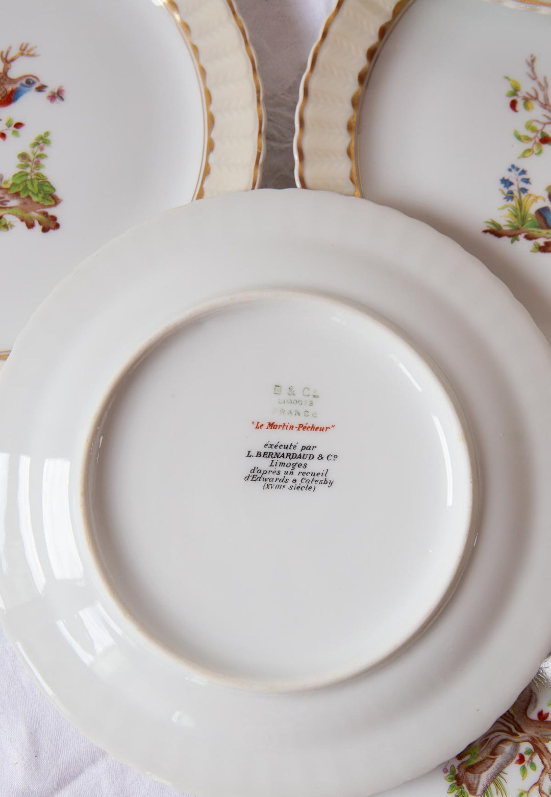 Juego de postre porcelana pájaros Limoges BERNARDAUD c. 1910 (12 servicios)