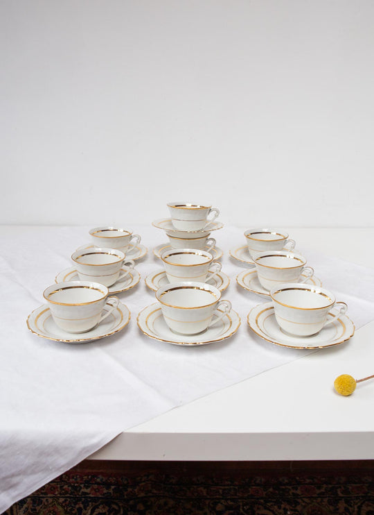 Juego 10 tazas té o café porcelana francesa blanco y dorado (20 PIEZAS)