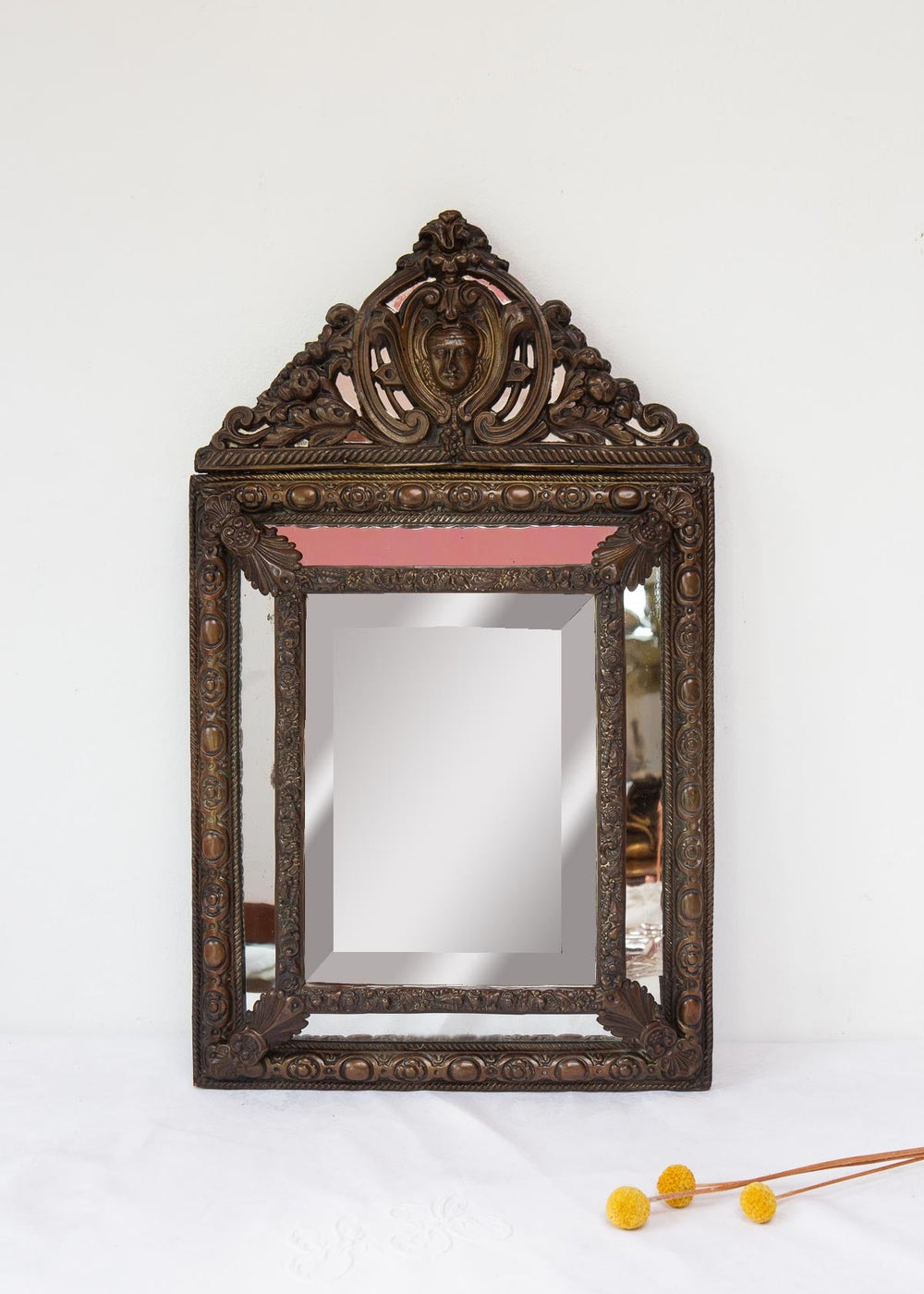 antiguo espejo frances laton s. xix con copete