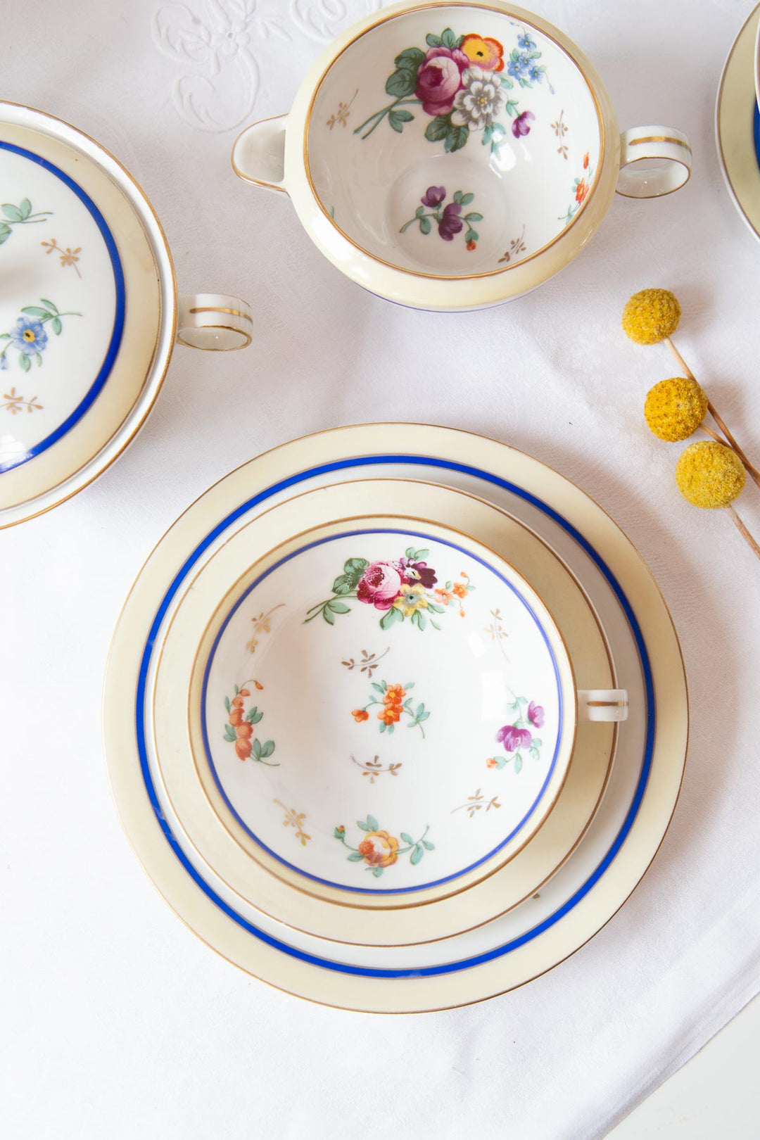 Juego de postre porcelana Limoges BERNARDAUD flores c. 1940 (10 SERVICIOS)