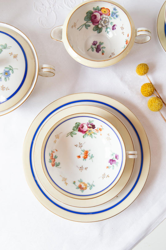 Juego de postre porcelana Limoges BERNARDAUD flores c. 1940 (10 SERVICIOS)