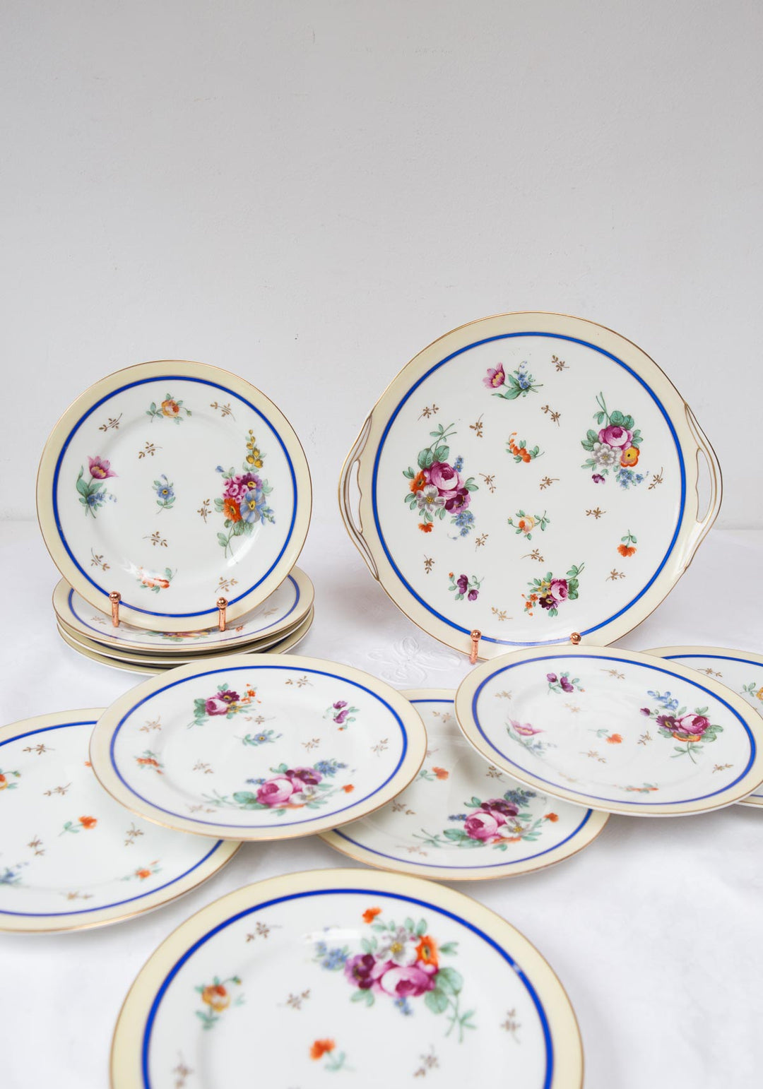 Juego de postre porcelana Limoges BERNARDAUD flores c. 1940 (10 SERVICIOS)