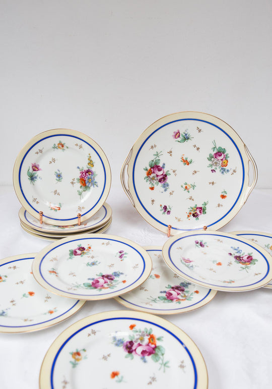 Juego de postre porcelana Limoges BERNARDAUD flores c. 1940 (10 SERVICIOS)