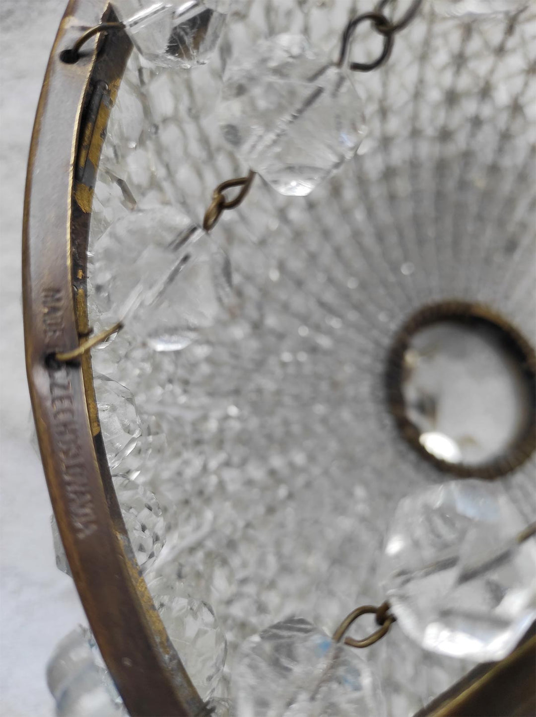 Antiguo chandelier cristal checo y latón plateado c. 1910-1930s
