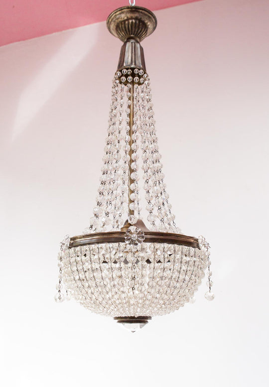 Antiguo chandelier cristal checo y latón plateado c. 1910-1930s