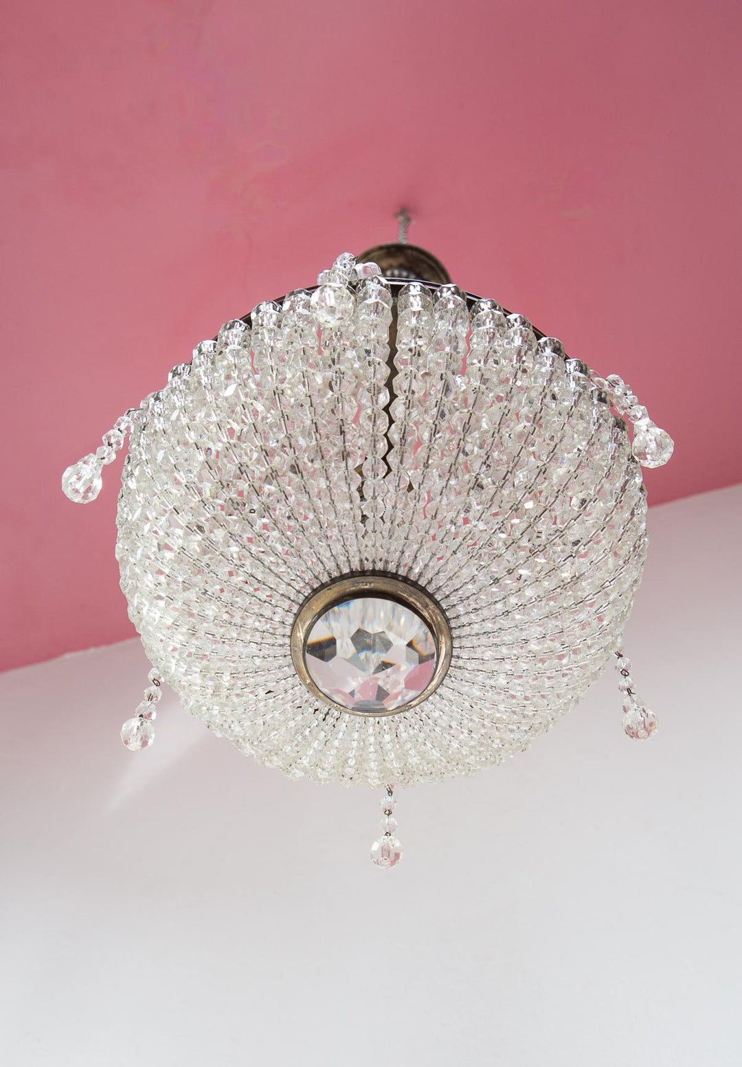 Antiguo chandelier cristal checo y latón plateado c. 1910-1930s