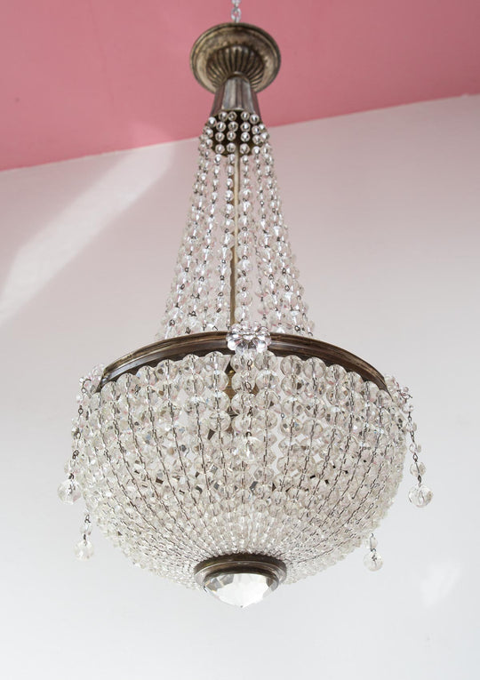 Antiguo chandelier cristal checo y latón plateado c. 1910-1930s