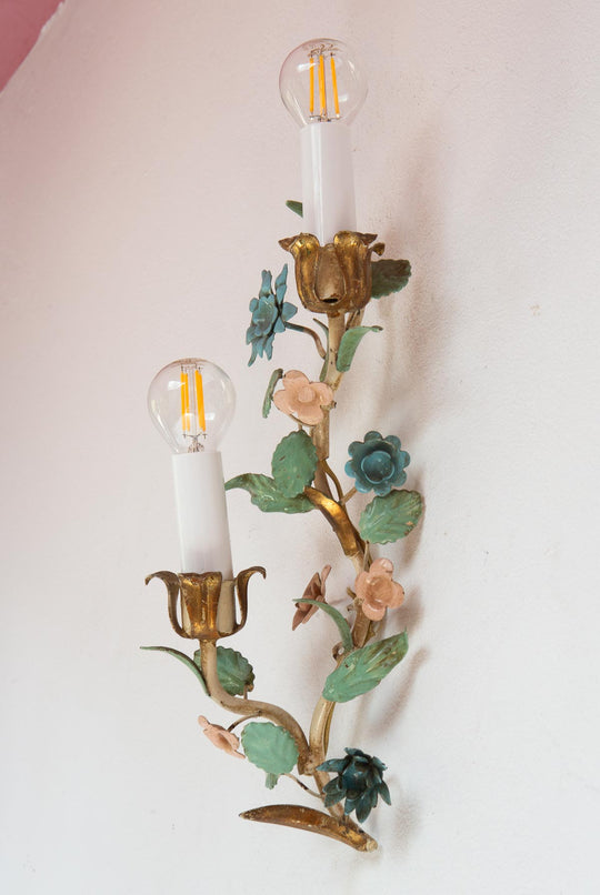 pareja apliques vintage italianos metal colores hojas y flores