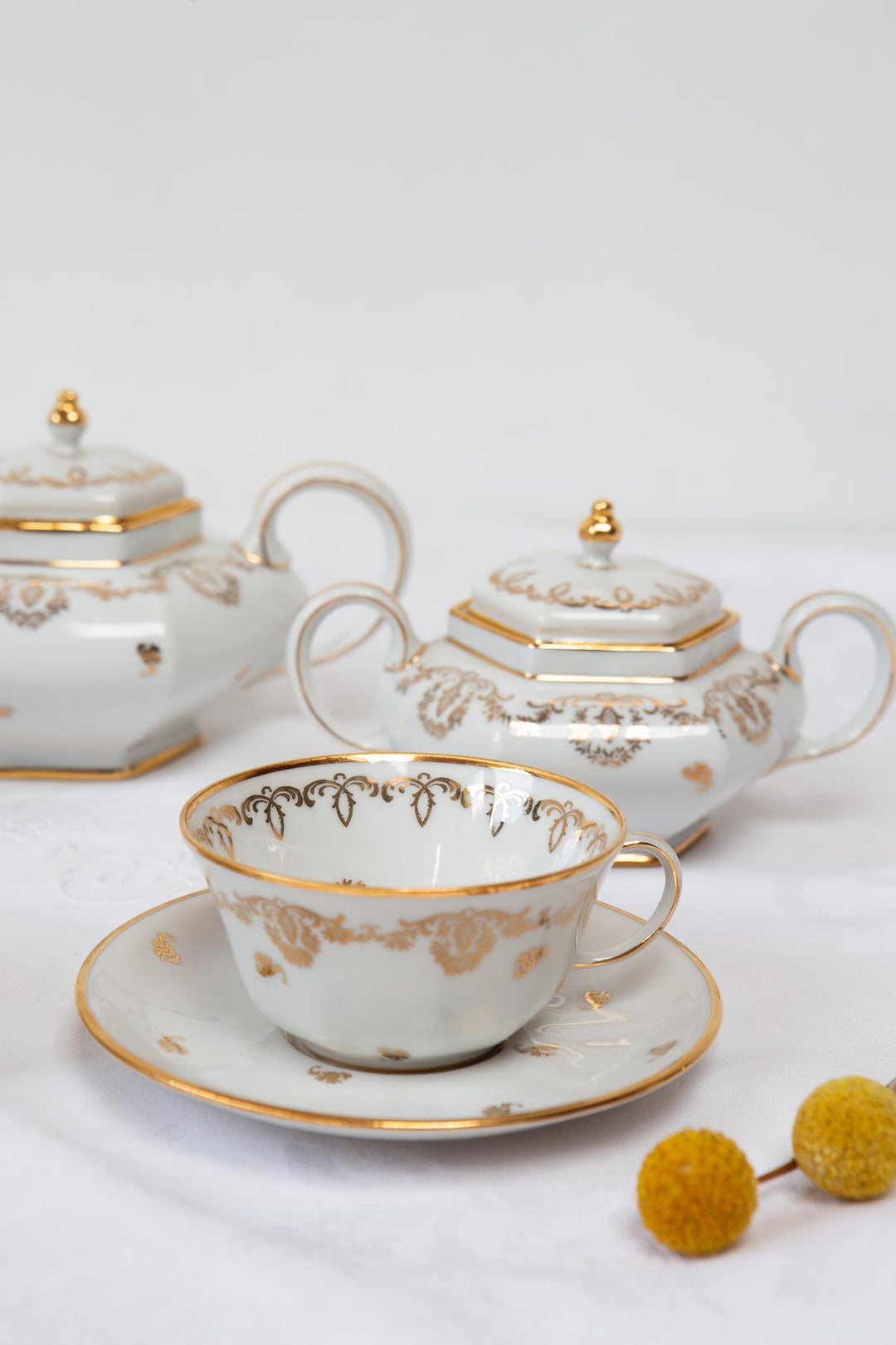Juego de té porcelana Limoges tú y yo c. 1920 (7 PIEZAS)