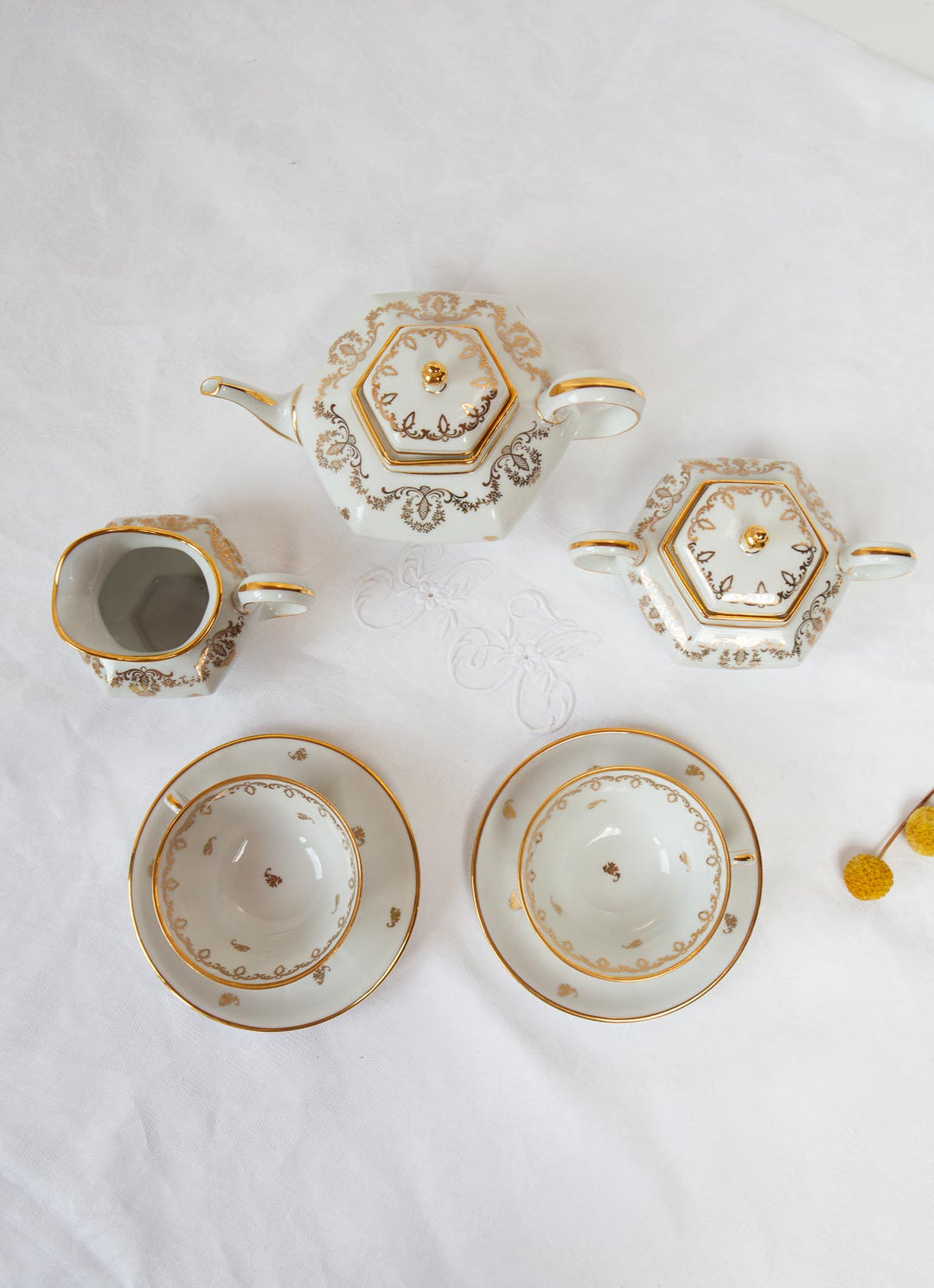 Juego de té porcelana Limoges tú y yo c. 1920 (7 PIEZAS)
