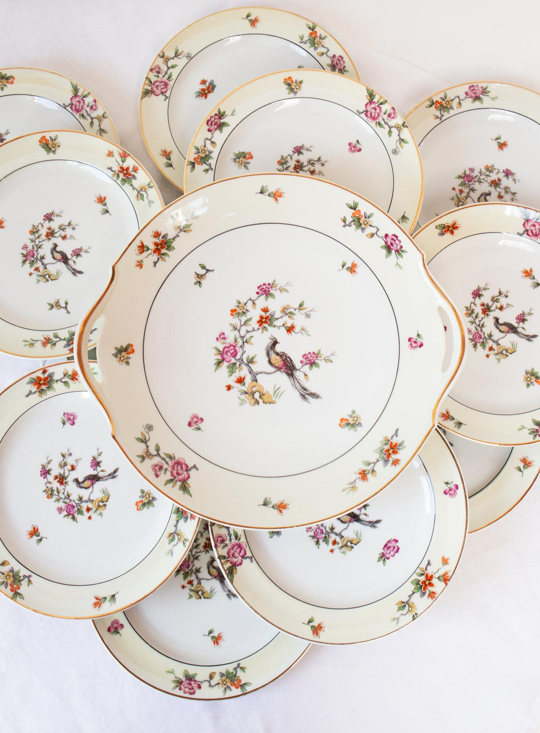 Juego de postre Limoges LANTERNIER ave paraíso c. 1910 (11 SERVICIOS)