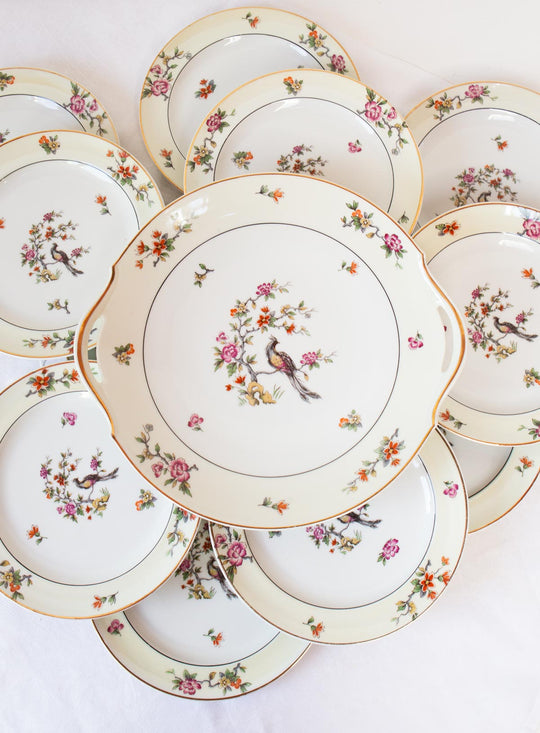Juego de postre Limoges LANTERNIER ave paraíso c. 1910 (11 SERVICIOS)