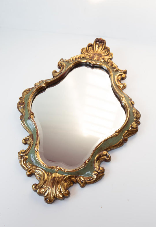 Espejo francés estilo barroco dorado y verde cristal biselado c. 1960s (55*34,5 cm)