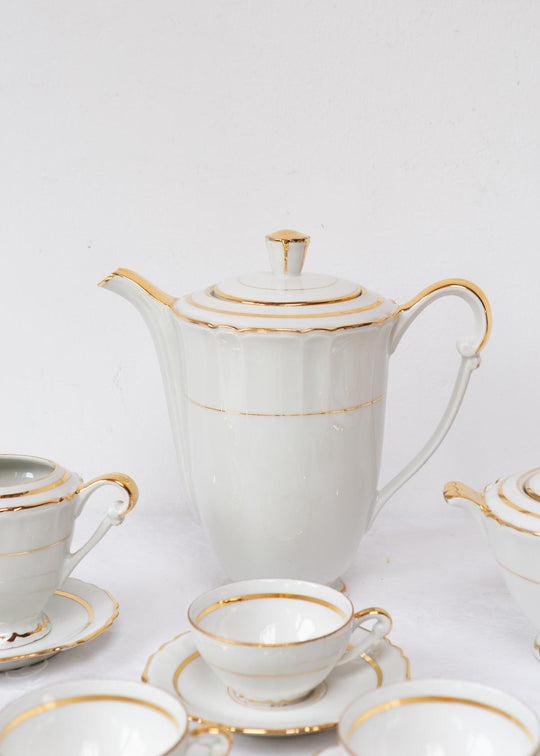 Juego de té Limoges 9 SERVICIOS porcelana ribete dorado c. 1950s (21 PIEZAS)