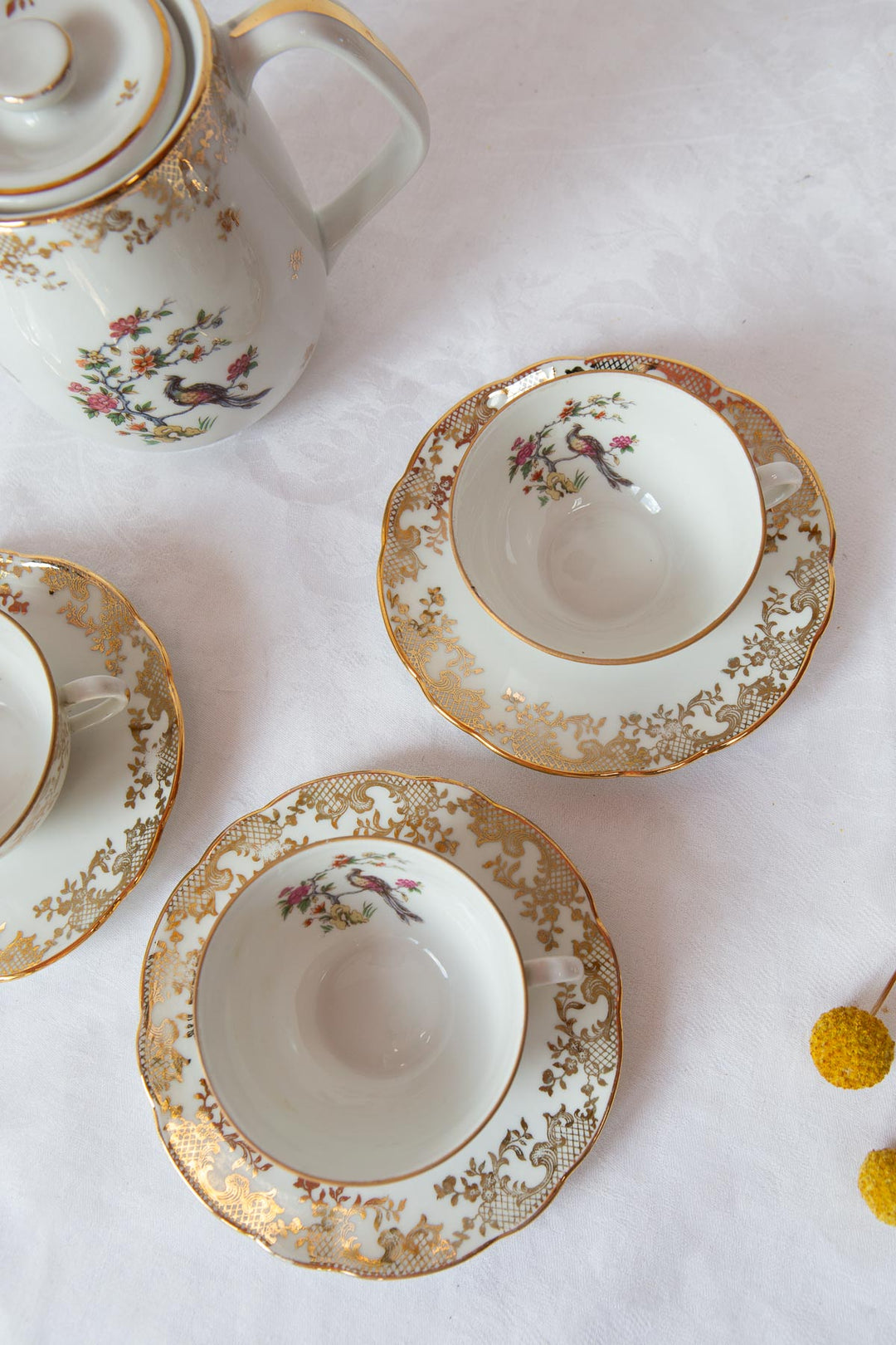 Juego de té para 3 Limoges con cafetera ave paraíso (7 PIEZAS)