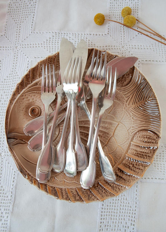 Cubiertos pescado para 6 Christofle "godrons" iniciales E. L. c. 1910-20s (12 PIEZAS)