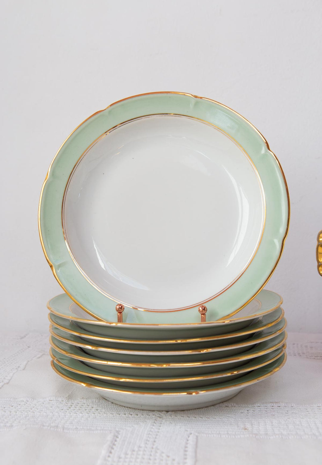 Juego 7 platos semil-hondos porcelana Limoges CB Cie + Fuente c. 1940s-60s