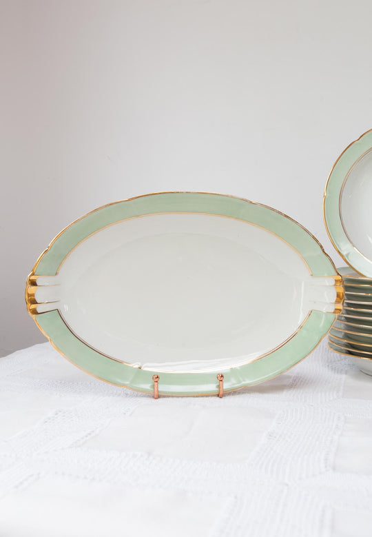 Juego 7 platos semil-hondos porcelana Limoges CB Cie + Fuente c. 1940s-60s