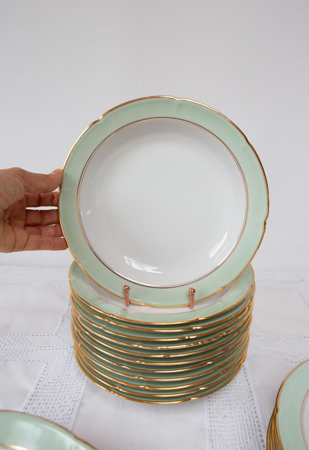 Juego 7 platos semil-hondos porcelana Limoges CB Cie + Fuente c. 1940s-60s