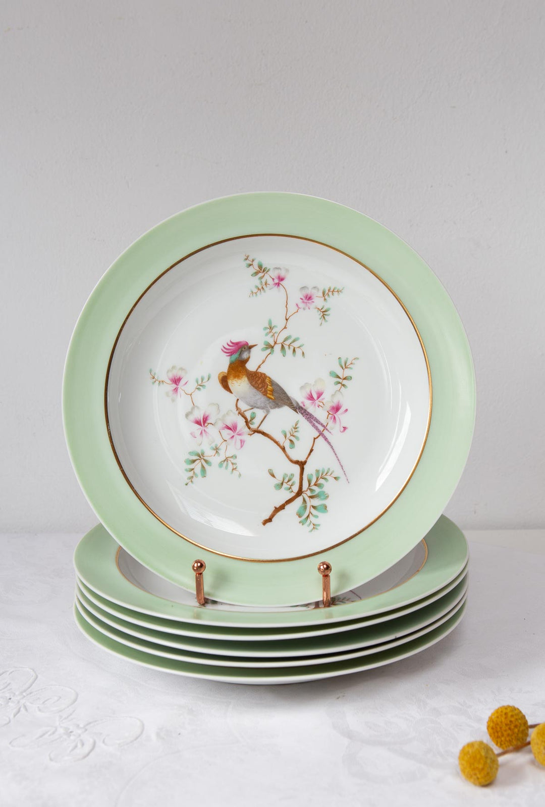 Juego de 6 platos llanos porcelana Limoges con ave c. 1920–1940s