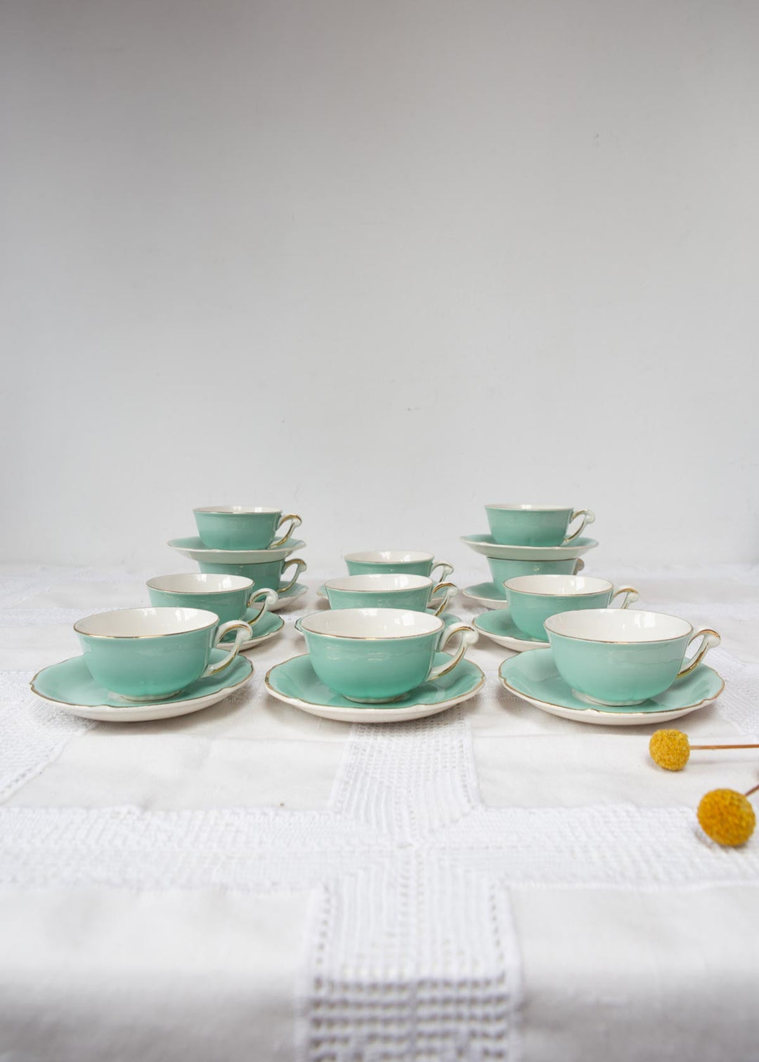 juego de café o té francés vintage loza verde blanco y dorado