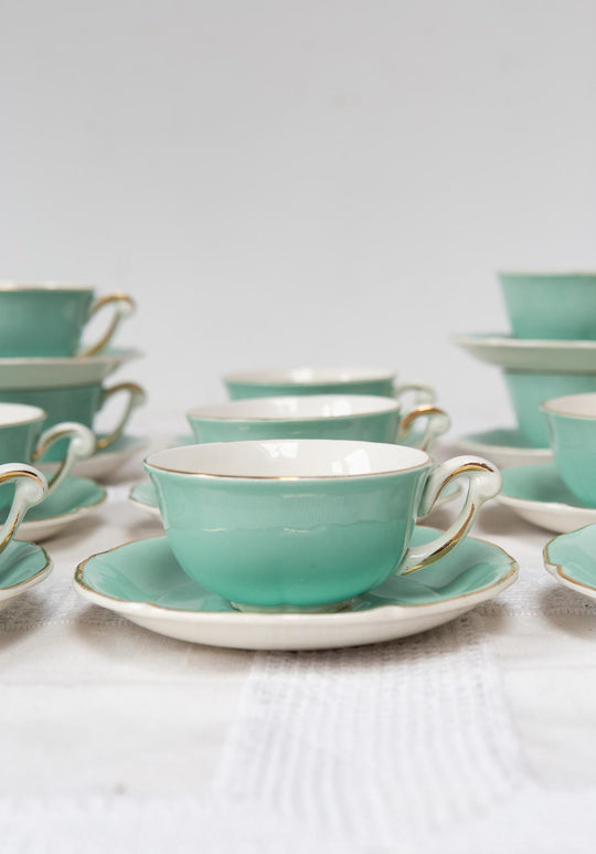 juego de café o té francés vintage loza verde blanco y dorado