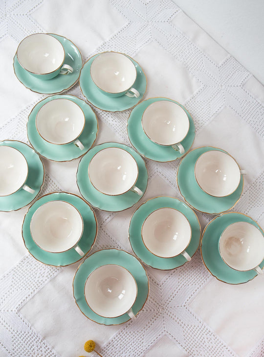 juego de café o té francés vintage loza verde blanco y dorado
