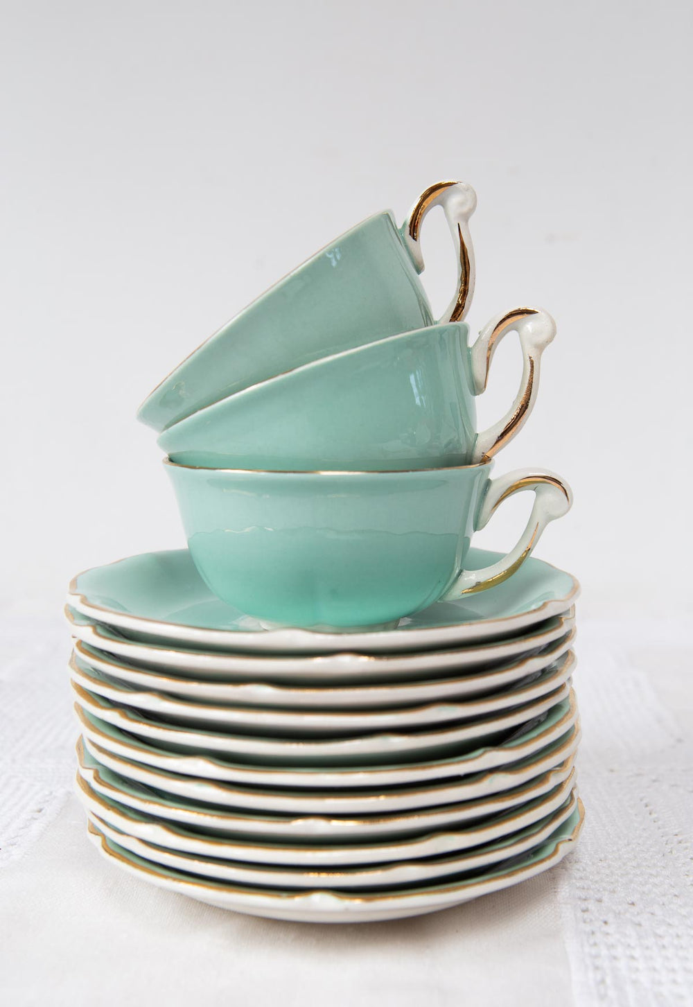 juego de café o té francés vintage loza verde blanco y dorado