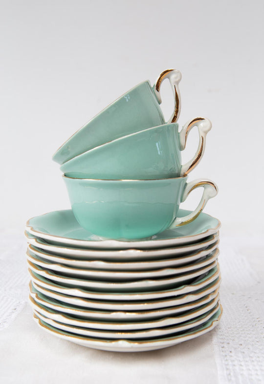 juego de café o té francés vintage loza verde blanco y dorado