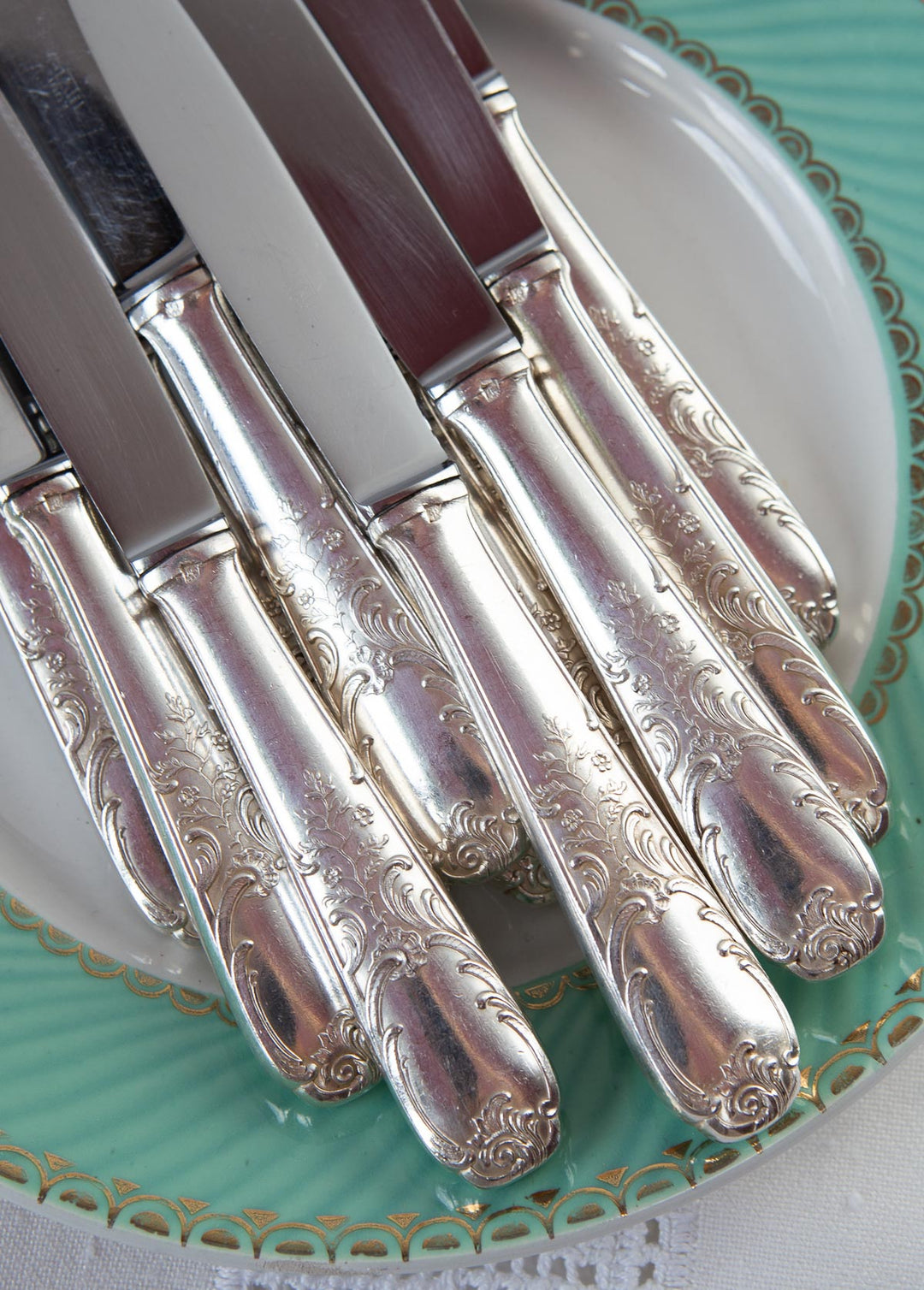 Juego 12 cuchillos POSTRE entrantes franceses estilo Louis XV c. 1940s
