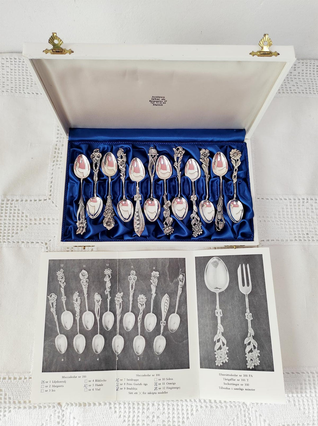 Juego 12 cucharillas plata sueca GEWE FLORES en estuche c. 1960 SIN ESTRENAR