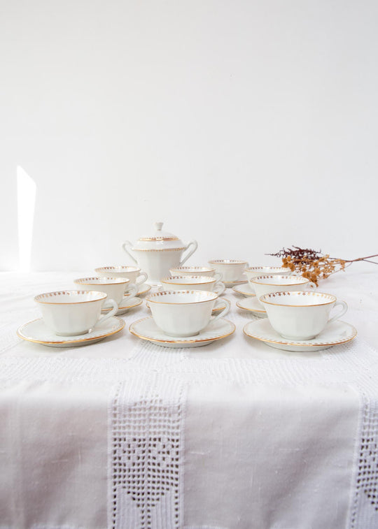 Juego de té vintage 10 SERVICIOS porcelana francesa ribete dorado – M.B.S. 1950-1970 (21 PIEZAS)