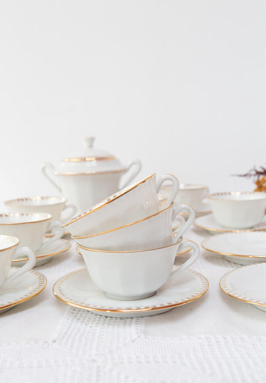 Juego de té vintage 10 SERVICIOS porcelana francesa ribete dorado – M.B.S. 1950-1970 (21 PIEZAS)